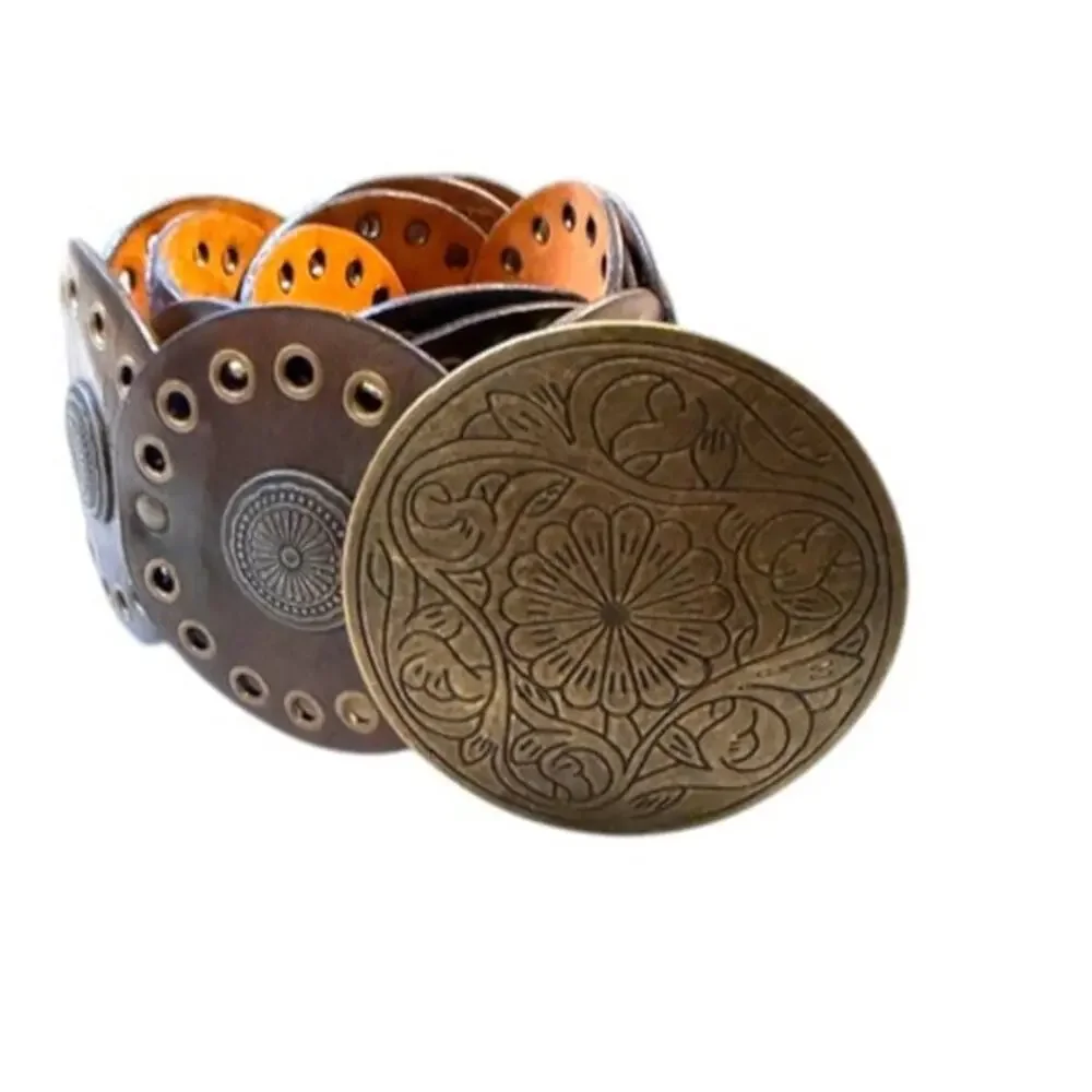 Boho Leather Disc Concho Belt Brown Brass Medallion Statement